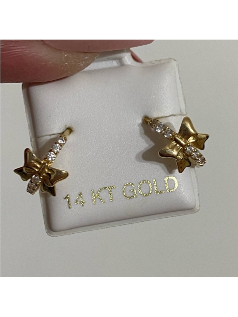 14k Solid Gold Bow Small Hoop Earrings with Crystal CZ